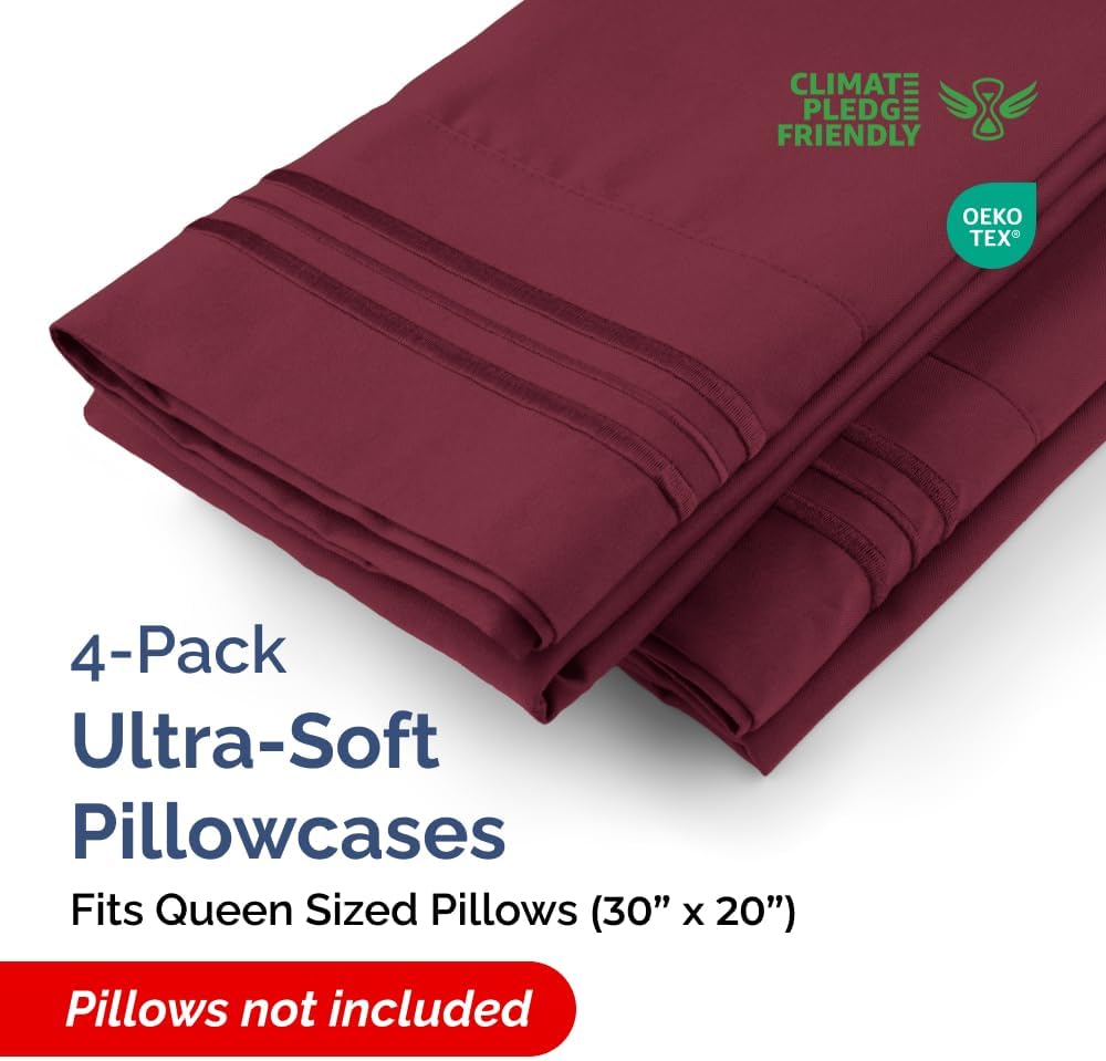 CGK Unlimited Queen Size Microfiber Pillowcase Set of 4 - Soft, Premium Quality, Machine Washable, Burgundy