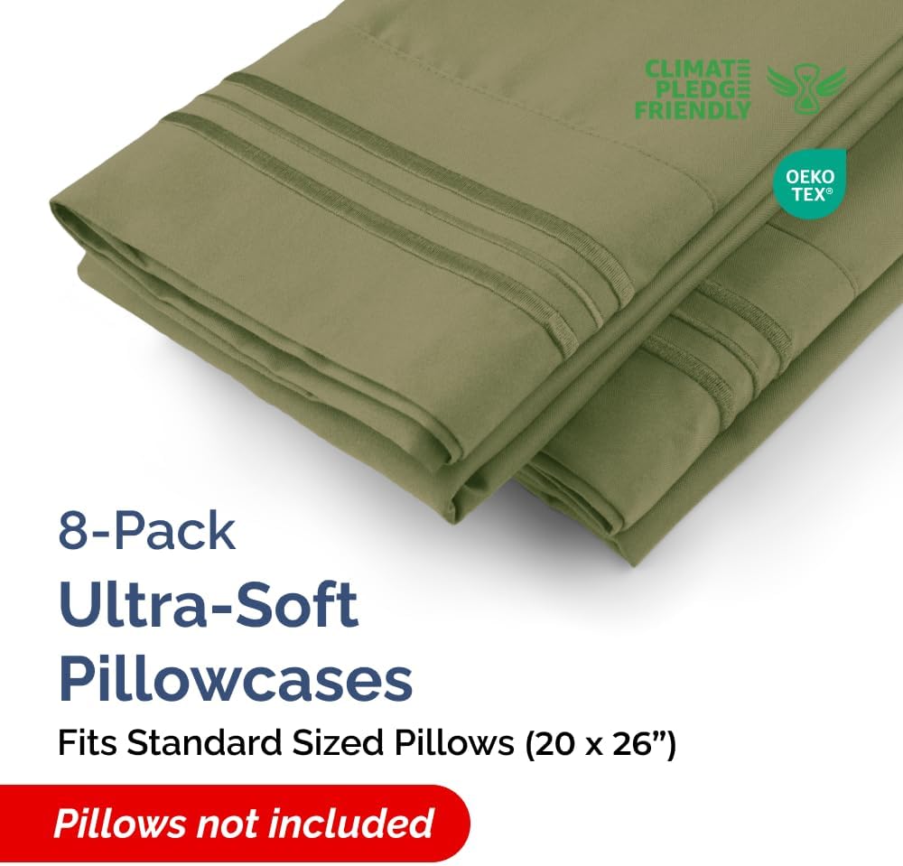 Standard Pillow Cases Set of 8 - Ultra Soft Hotel Quality Pillowcase Covers - Comfy & Wrinkle Free - Shrink, Stain and Fade Resistant - Machine Washable Pillow Protectors - 8 Piece Set - Sage Green