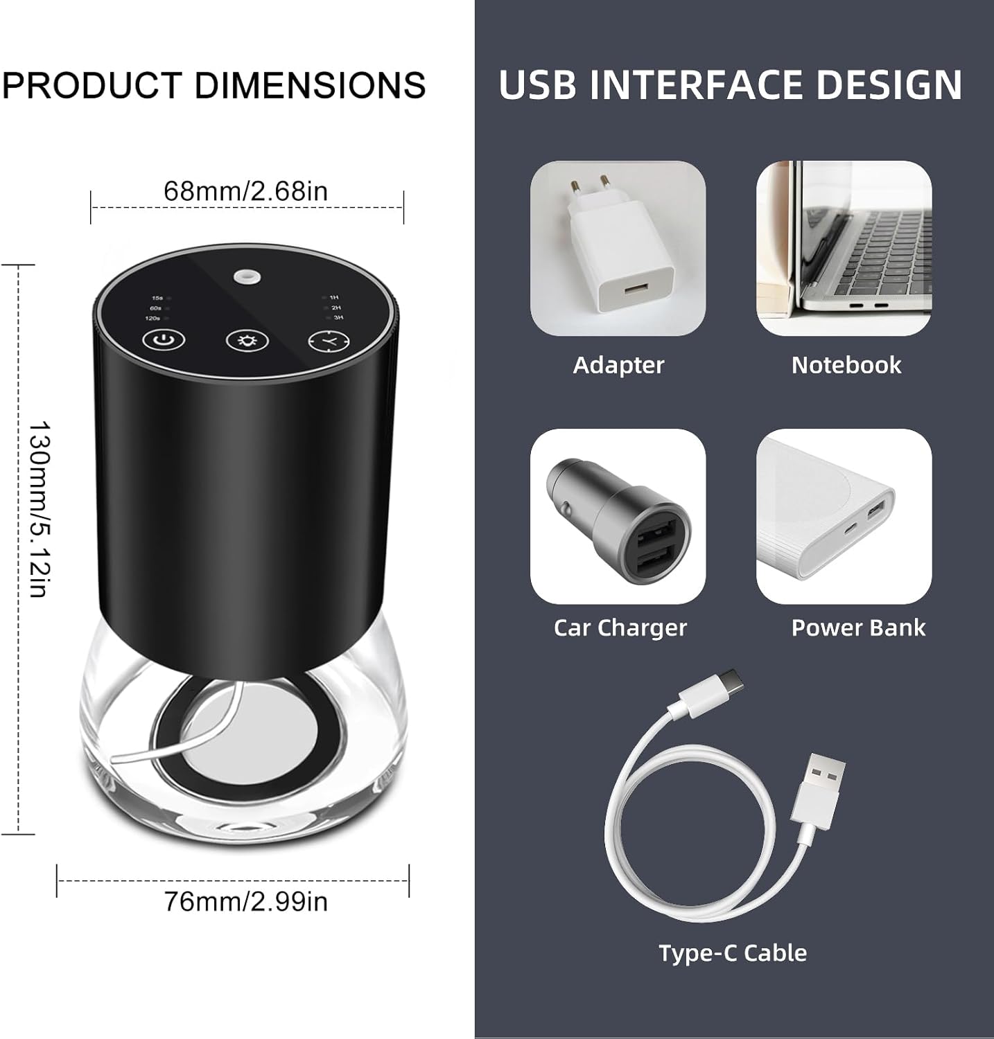 Waterless Essential Oil Diffuser Aromatherapy Scent Diffusers for Home Large Room, Bedroom, Car, Office, Desk, Battery Operated Mini Portable Air Freshener (Black-Glass)