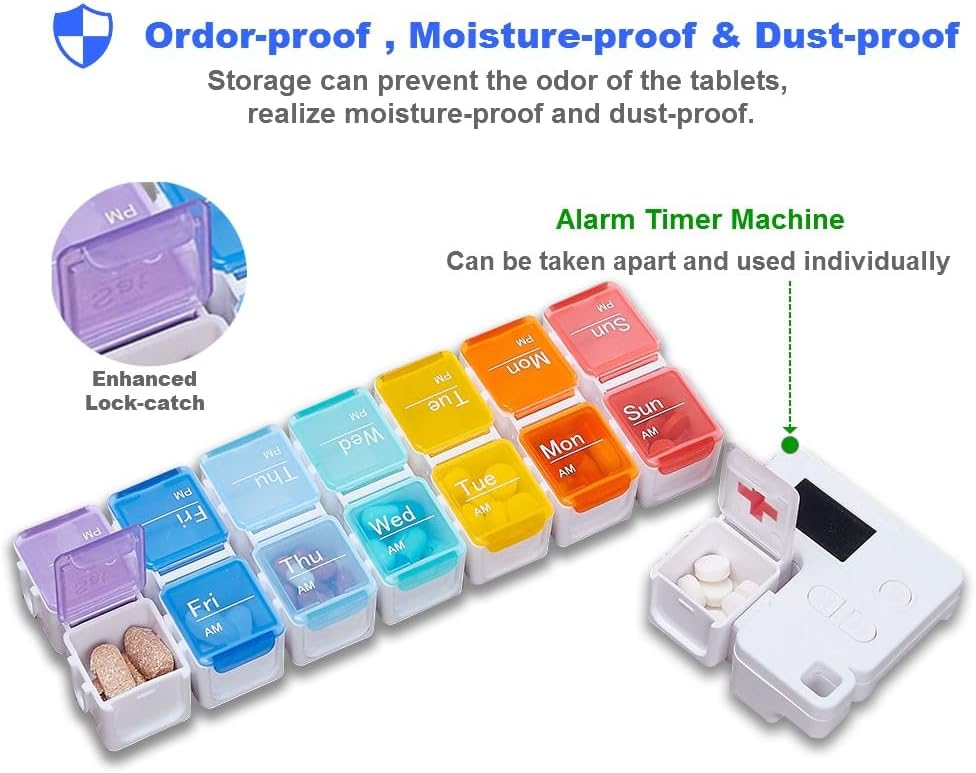 7 Day Medicine Pill Organizer, 4 Reminder Alarms, Loud Sound, 14 Large Compartments, Large Screen, Moisture-Proof, Travel Weekly/Daily Pill Box/Organizer/Case/Container/Dispenser, AM/PM 2 Times a Day