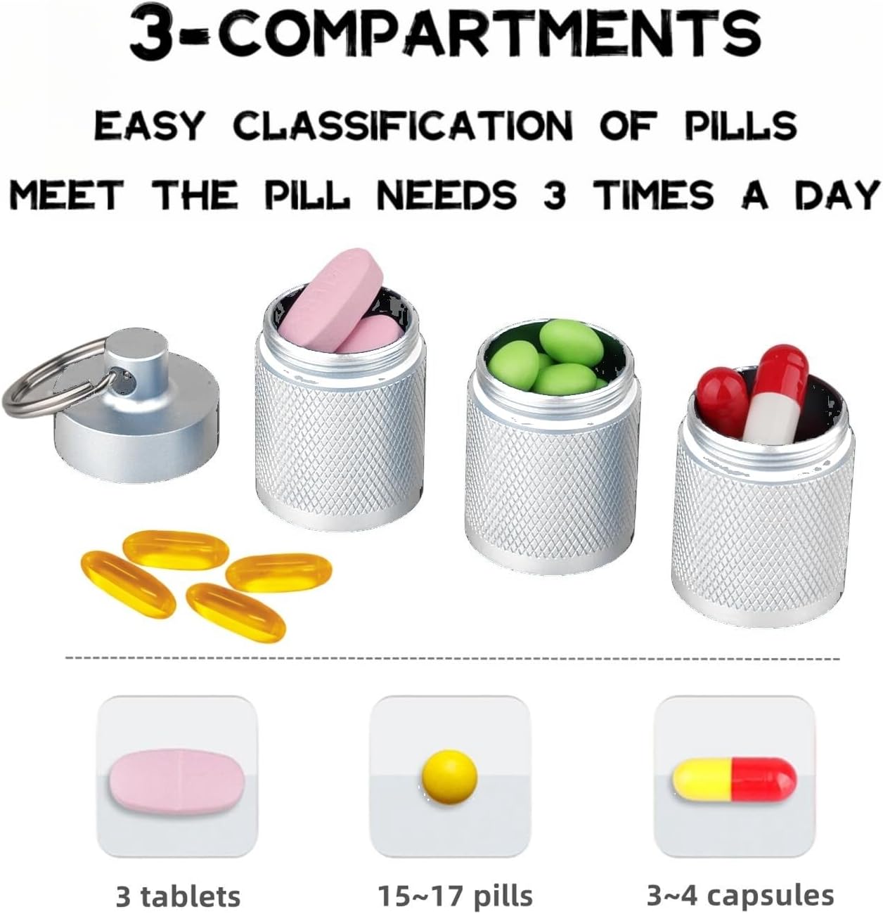 Waterproof Keychain Pill Holder - Compact, Portable, and Secure Pill Box with 3 Compartments - Pocket-Sized Pill Case and Container for Daily Medication on The Go, Sliver