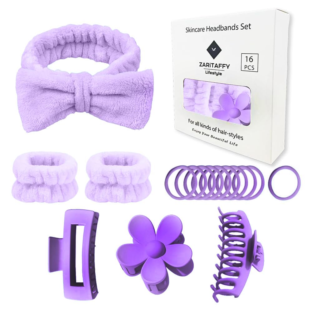 16pcs Skincare Headband Set, Headband Set for Face Washing Spa and Makeup, Including 1 Hairband, Wristband, 3 Hair Claw Clips and 10 Hair Ties, with Box, Gift for Women and Girls, Purple
