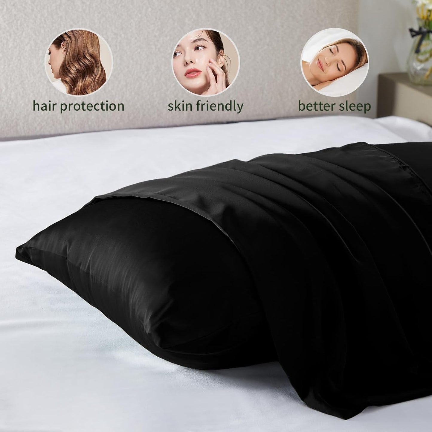 Silk Pillow Cases 2 Pack Mulberry Silk Pillow Cases Soft Breathable Both Sided Natural Silk Pillowcase with Zipper Beauty Sleep Silk Pillow Cases for Gift(Queen,Black)