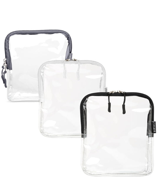 BORSALI TSA-Approved Quart-Sized Bag for Carry-on Travel - One (1) Quart Clear Toiletries, Cosmetic and 3-1-1 Liquids Toiletry Bag - Set of 3