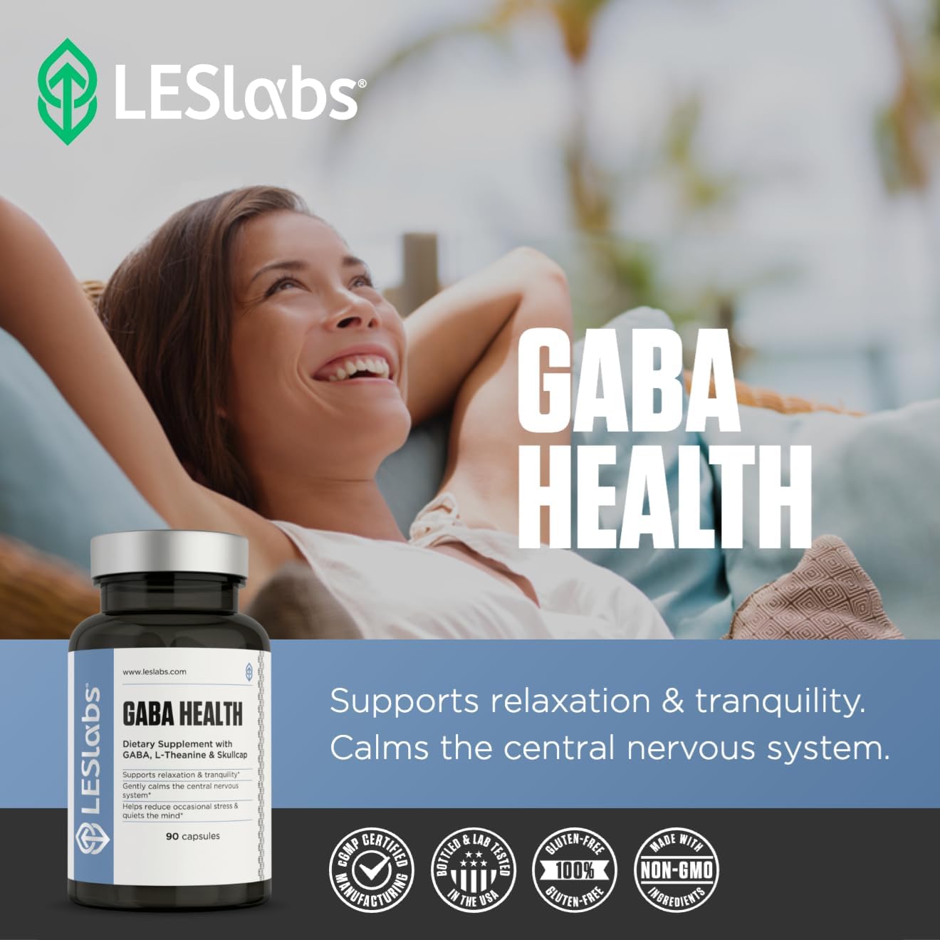 LES Labs GABA Health – Calm Mind & Relaxation, Stress Relief, Neurotransmitter Support & Deep Sleep – GABA, Taurine, Passionflower, Skullcap, L-Theanine & Magnesium – Non-GMO Supplement – 90 Capsules