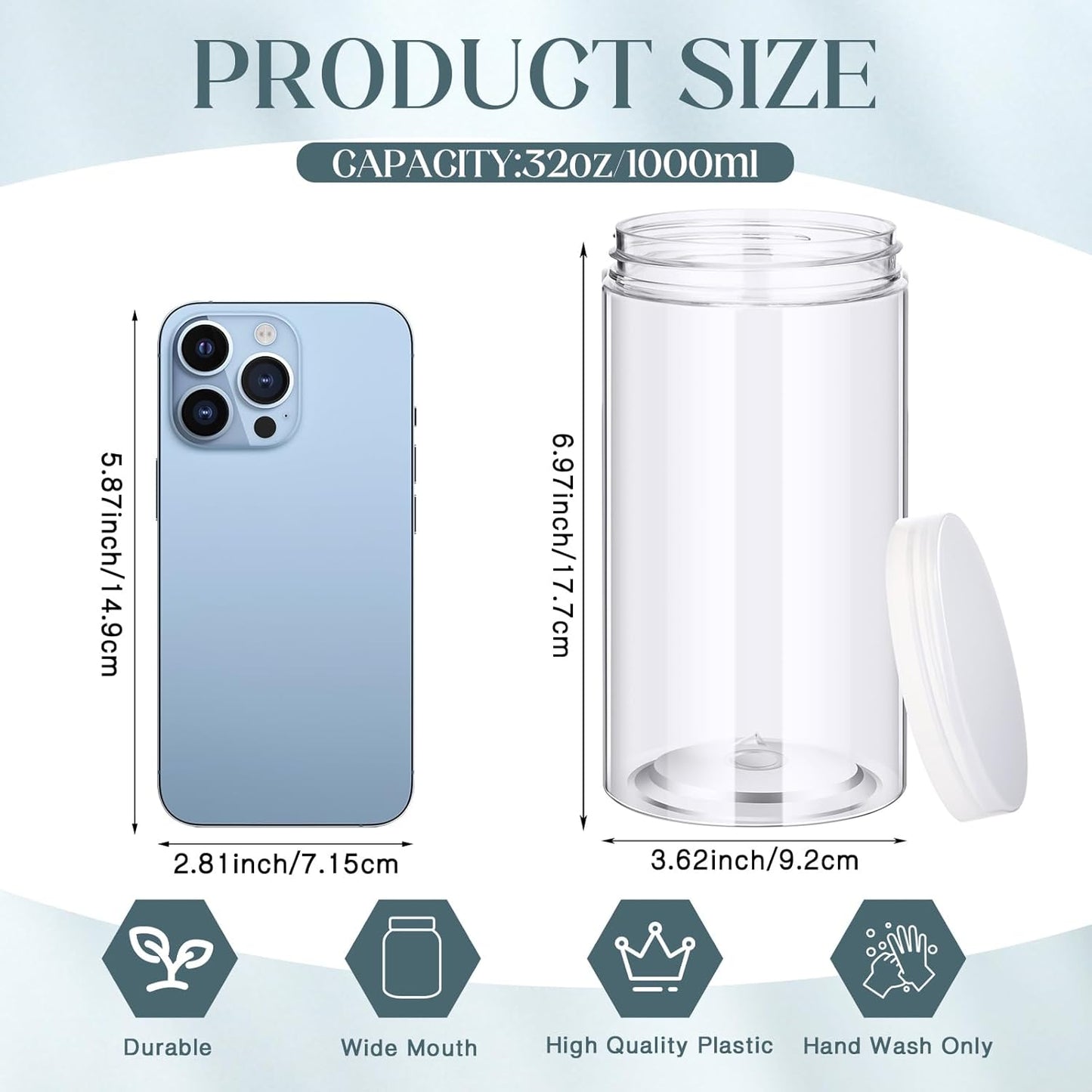 SATINIOR 12 Pack 32 oz Plastic Container Jars with Lids Round Clear Travel Cosmetic Container Slime Jars for Toiletries, Lotion, Cream, Ointments, Makeup, Rhinestone, Samples, Kitchen Storage(Clear)