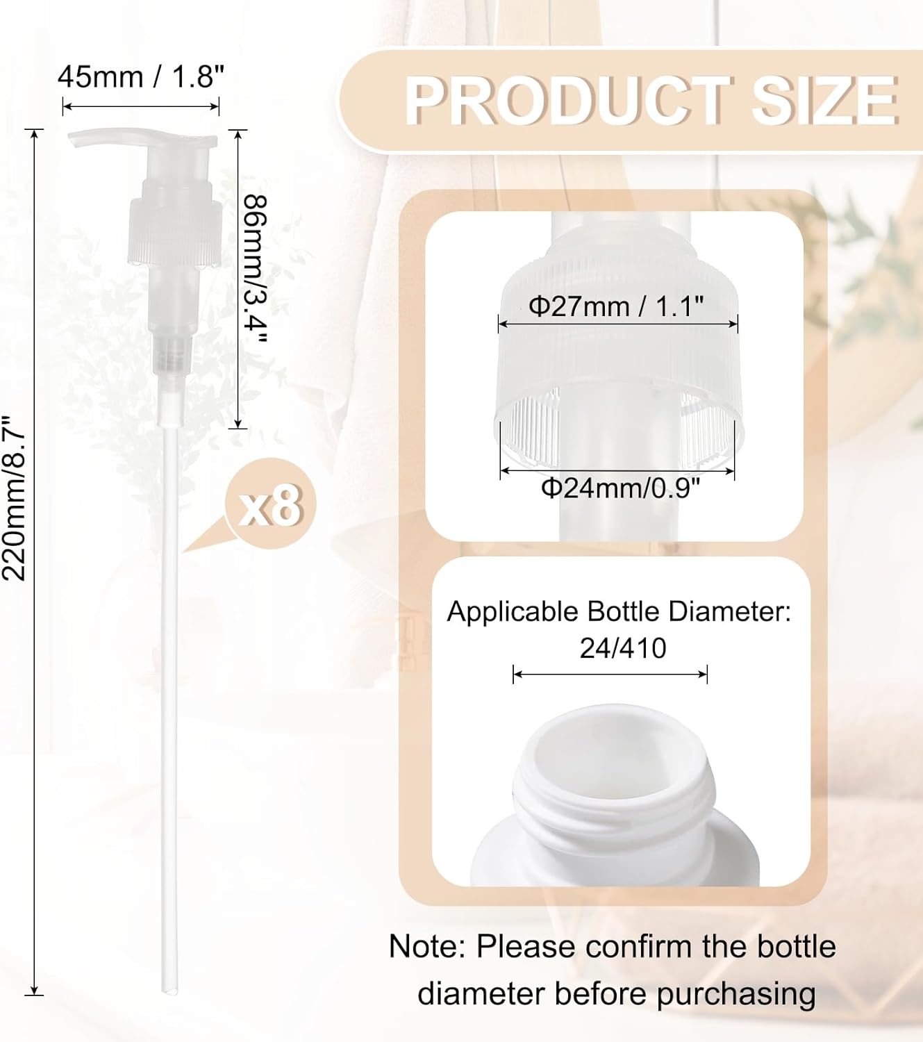 uxcell 8 Pcs Soap Dispenser Pump Heads Soap Dispensers Top Pumps Replacement Switch Pumphead for Standard 24/412 Neck Size Lotion Shampoo Bottle, Transparent