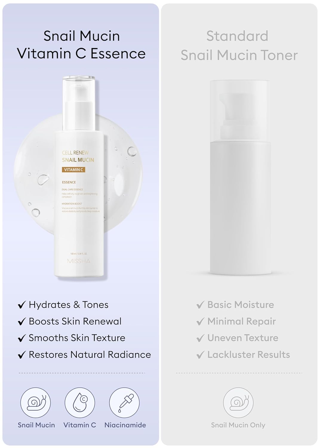 MISSHA Cell Renew Snail Mucin Vitamin C Essence Serum 3.38 Fl oz - Hydrating Korean Skincare for Glass Skin, Snail Mucin Serum for Improved Skin Texture & Complexion