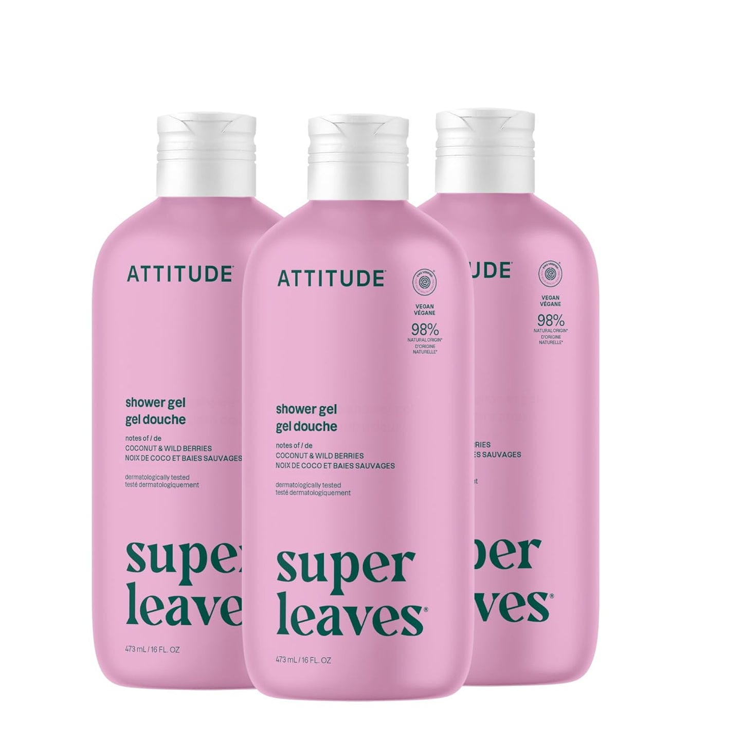 ATTITUDE Body Wash, EWG Verified Shower Gel, Dermatologically Tested, Plant and Mineral-Based, Vegan Personal Care Products, Coconut & Wild Berries Scent, 16 Fl Oz (Pack of 3)