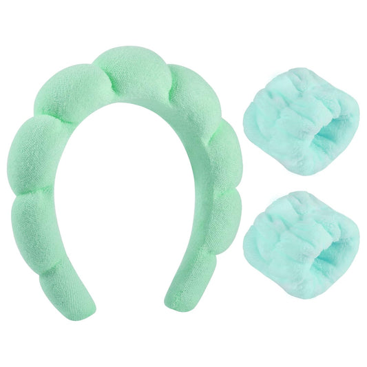WSICSE Sponge Spa Headband for Women, Green Makeup Headband and Wrist Washband Set for Face Washing, Skincare, Shower, Makeup Removal