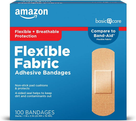 Amazon Basic Care Flexible Fabric Adhesive Bandages, First Aid and Wound Care Supplies, All-One Size, 100 Count
