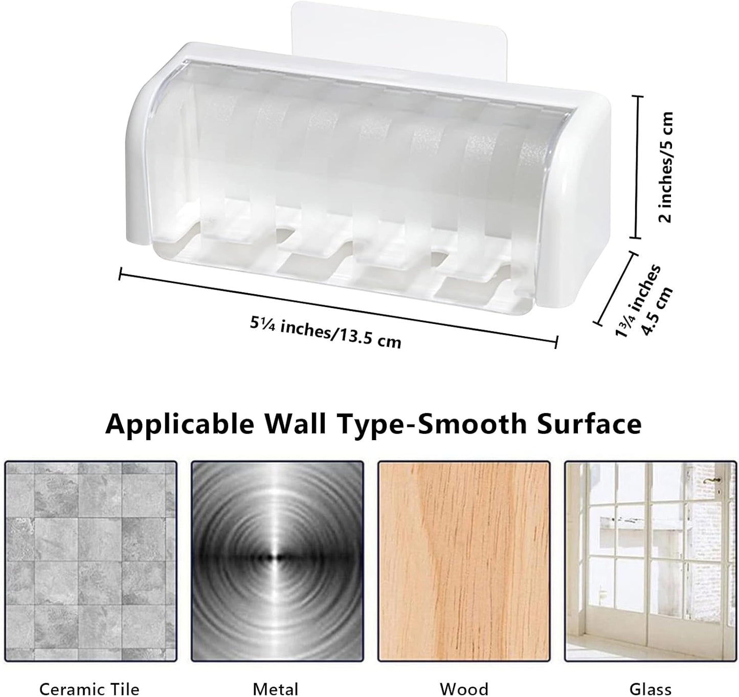 5 Slots Toothbrush Holder Wall Mount with Cover, Self Adhesive Toothbrushes Storage Organizer Perfect for Dorm Bathrooms and Shower, Holds 5 Toothbrushes. (White)