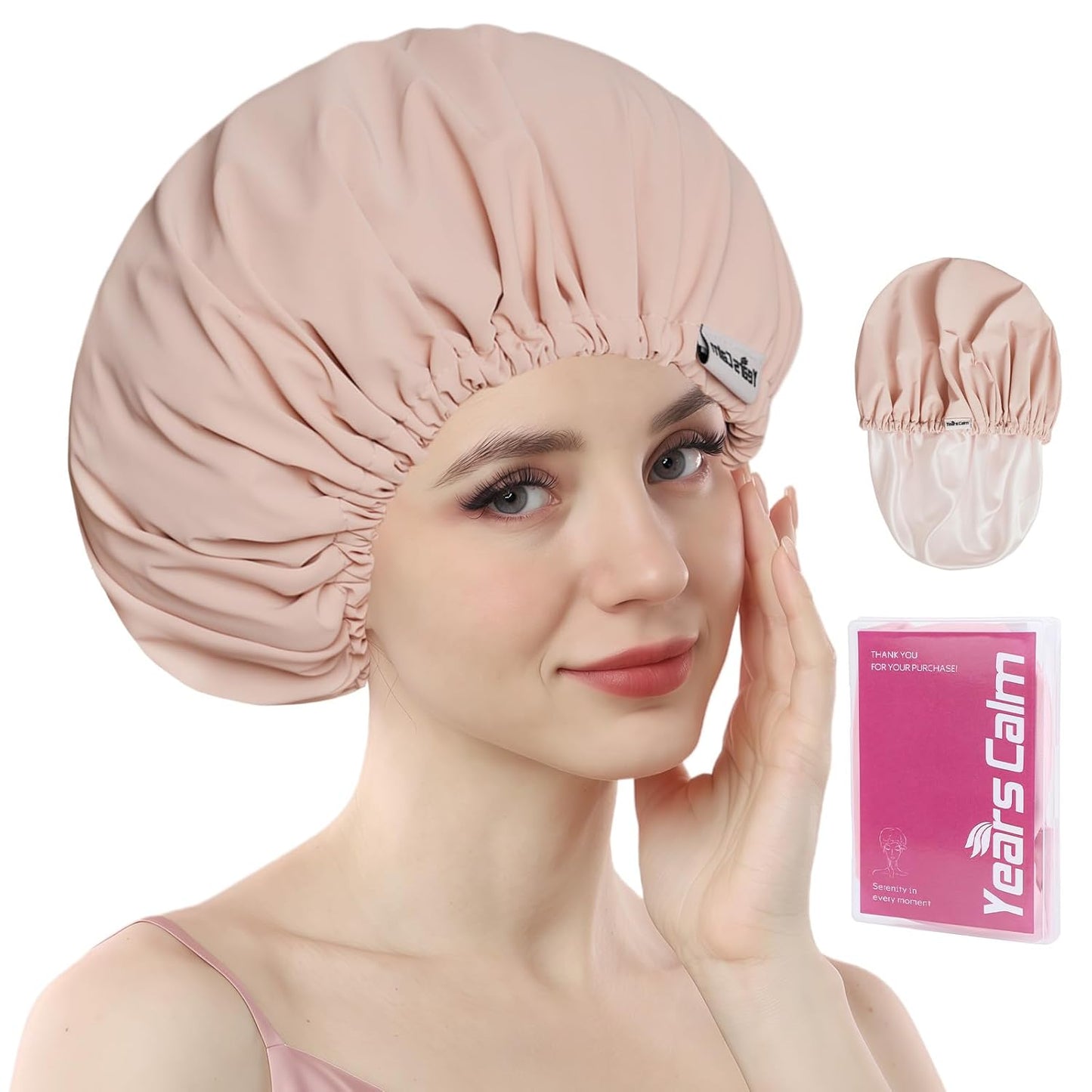 Years calm Shower Cap Reusable Waterproof, Double-Layer Hair Cap, with Elastic Band, Ideal for Shower, Spa, Travel & Cleaning (Light pink, One Size)