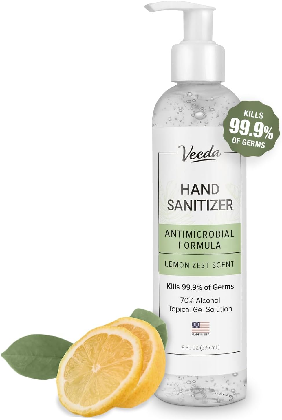 Veeda Scented Hand Sanitizer with Lemon Zest Scent - Moisturizing Clear Gel with Vitamin E & Antimicrobial Formula- Contains 70% Ethyl Alcohol - Hand Sanitizer Travel Size, Made in USA - 8 fl. oz.