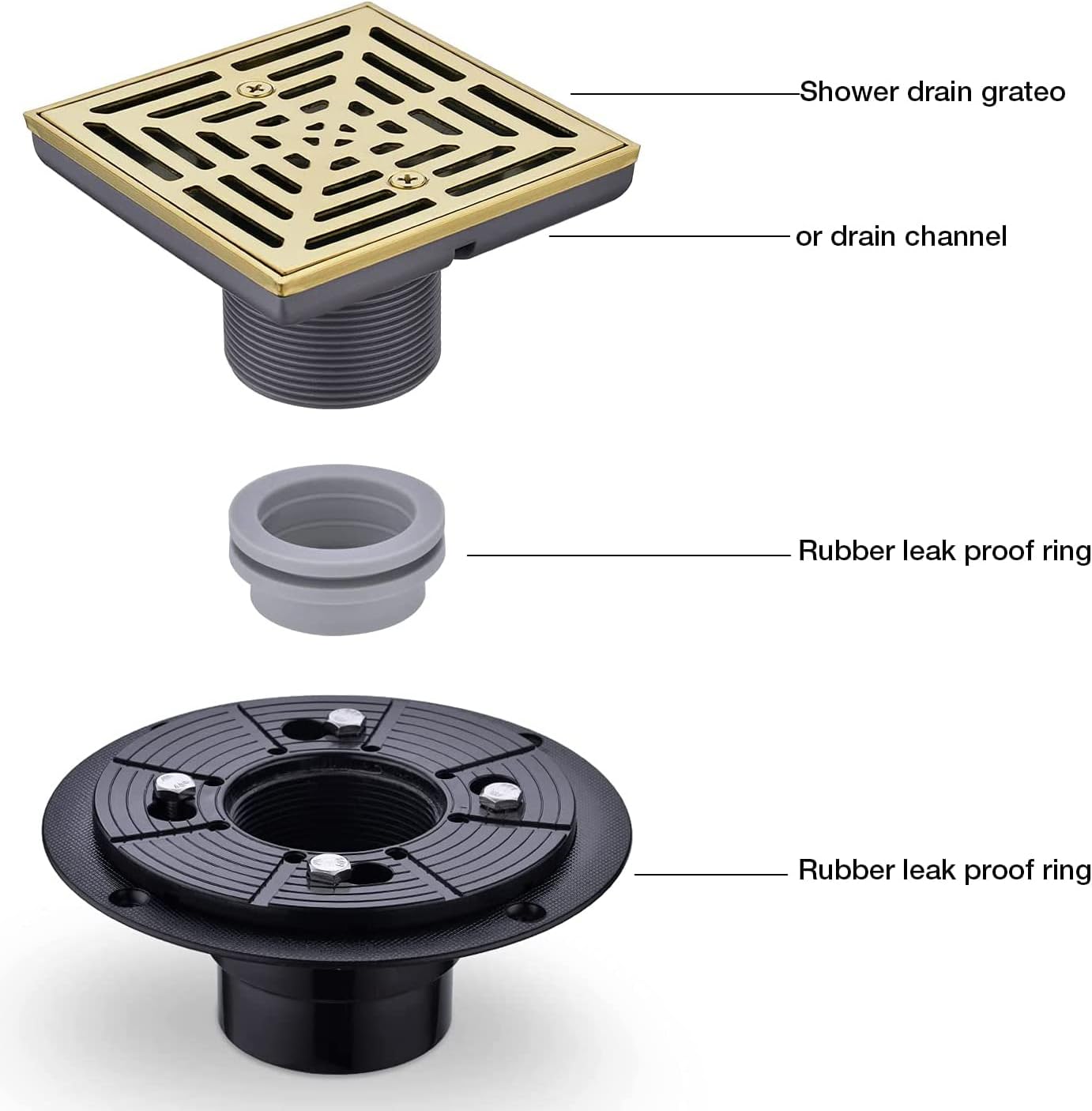 RANDOM Brushed Gold Shower Drain 4 inch Square Shower Drain with Adjustable PVC Base Flange,SUS304 Stainless Steel Shower Floor Drain with Removable Cover Grid Grate
