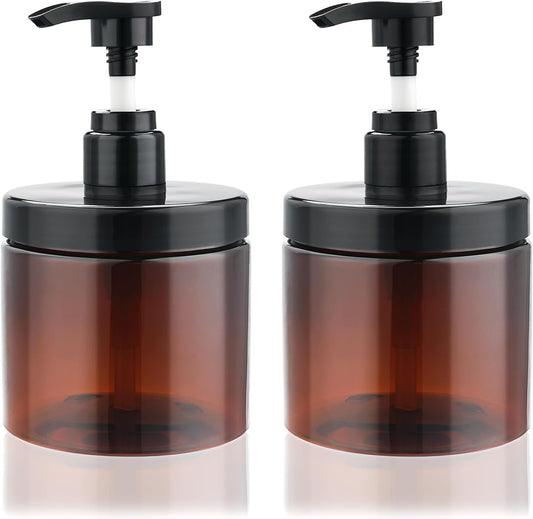 Cosywell Pump Bottle Dispenser Shampoo and Conditioner Dispenser 2 Pack 16.9oz/500ml Wide Mouth Hand Soap Dispenser Refillable Plastic Empty Liquid Container for Lotion Body Wash(Brown)