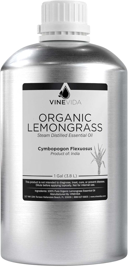 VINEVIDA Organic Lemongrass Essential Oil - Gallon Organic Lemongrass Oil Undiluted - Bulk Gallon Essential Oil for Soap Making Safe for Skin - DIY Candle Scents for Candlemaking Scents - 8 lbs
