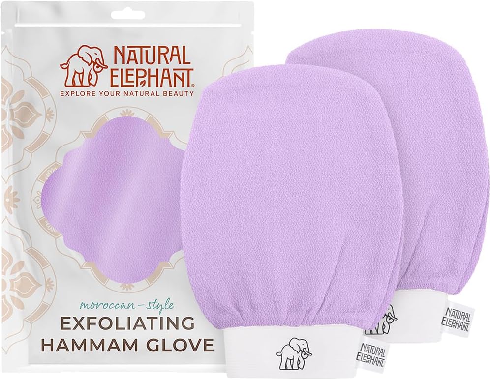 Natural Elephant Exfoliating Hammam Glove | Authentic Moroccan Kessa Body Scrub Mitt for Spa-Quality Skin Renewal | Lovely Lilac 2 Pack
