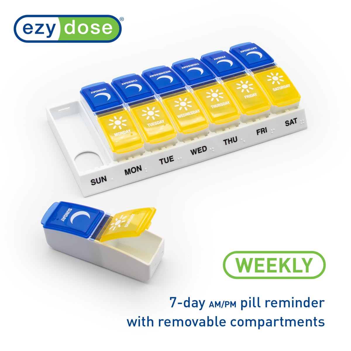 EZY DOSE Weekly (7-Day) AM/PM Pill Organizer, Daily Vitamin Container and Medicine Box, Large Pop-Out Compartments, Designed for Travel, 2 Times a Day, Blue and Yellow Lids