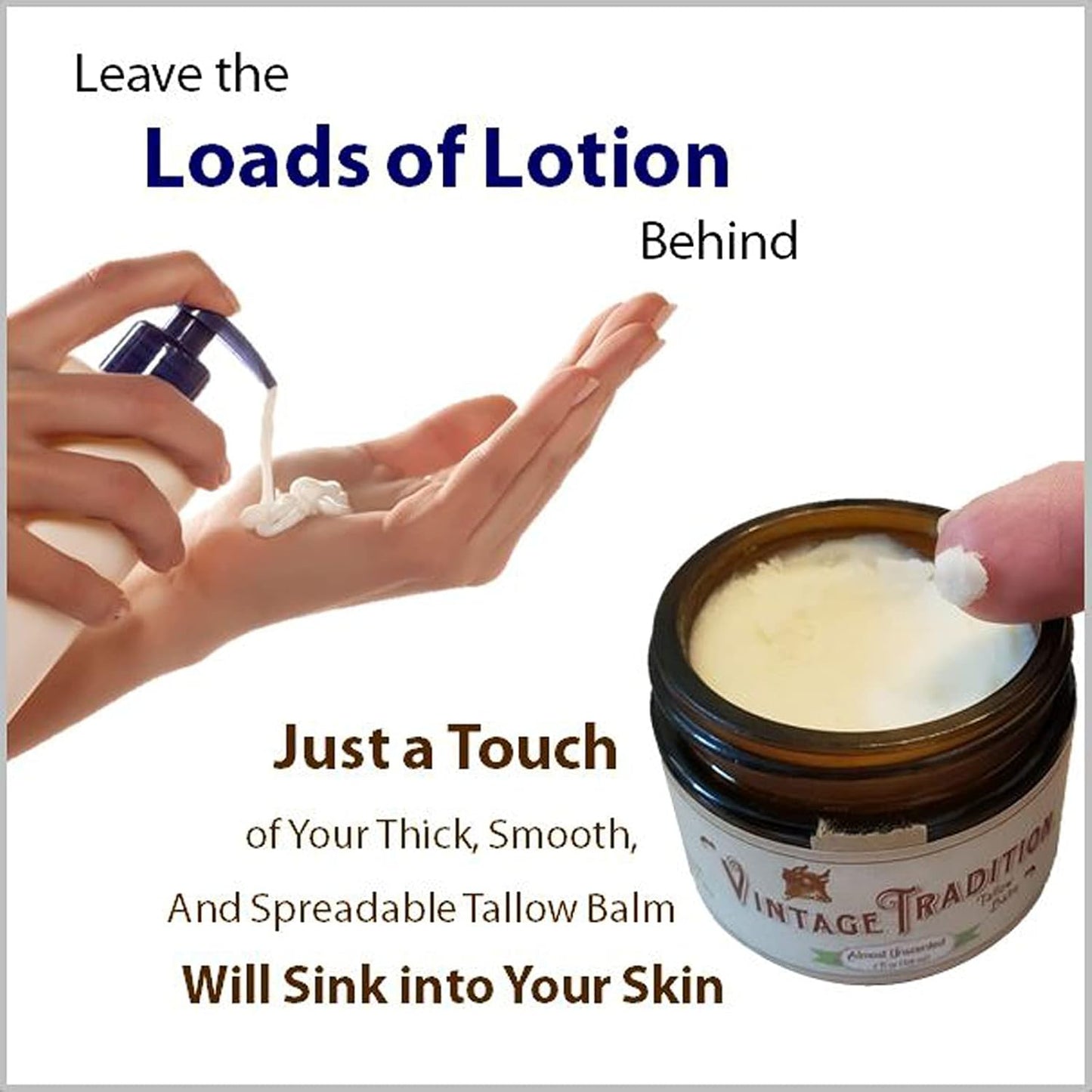 Vintage Tradition Beef Tallow All Purpose Balm - Healing, Hydrating Peppermint Skin Care Salve Replaces Body Lotion, Hand Cream, More - Essential Oil, Olive Oil, and Grass-Fed Tallow, 2 fl. oz.