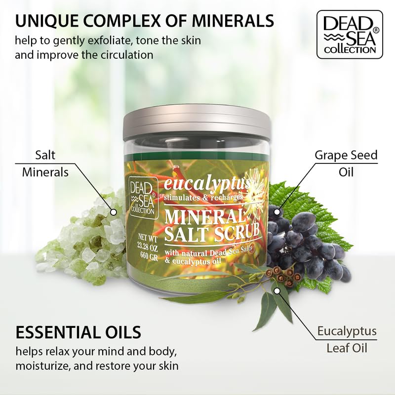 Dead Sea Collection Eucalyptus Salt Scrub – Exfoliating Body Scrub for Women – Moisturizing and Nourishing Skin – with Pure Oils and Dead Sea Minerals (23.28 Oz)