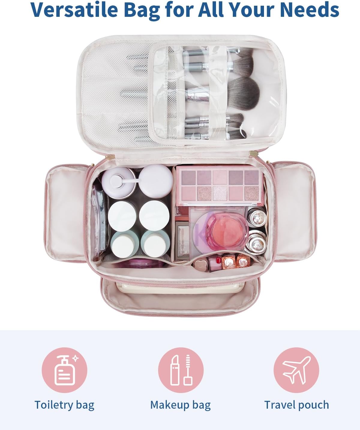 WANDF Travel Toiletry Bag for Women, Wide-open Large Makeup Bag with Handle, Puffy Makeup Organizer for Toiletries, Cosmetics, Accessories, Essentials (Dusty Pink)