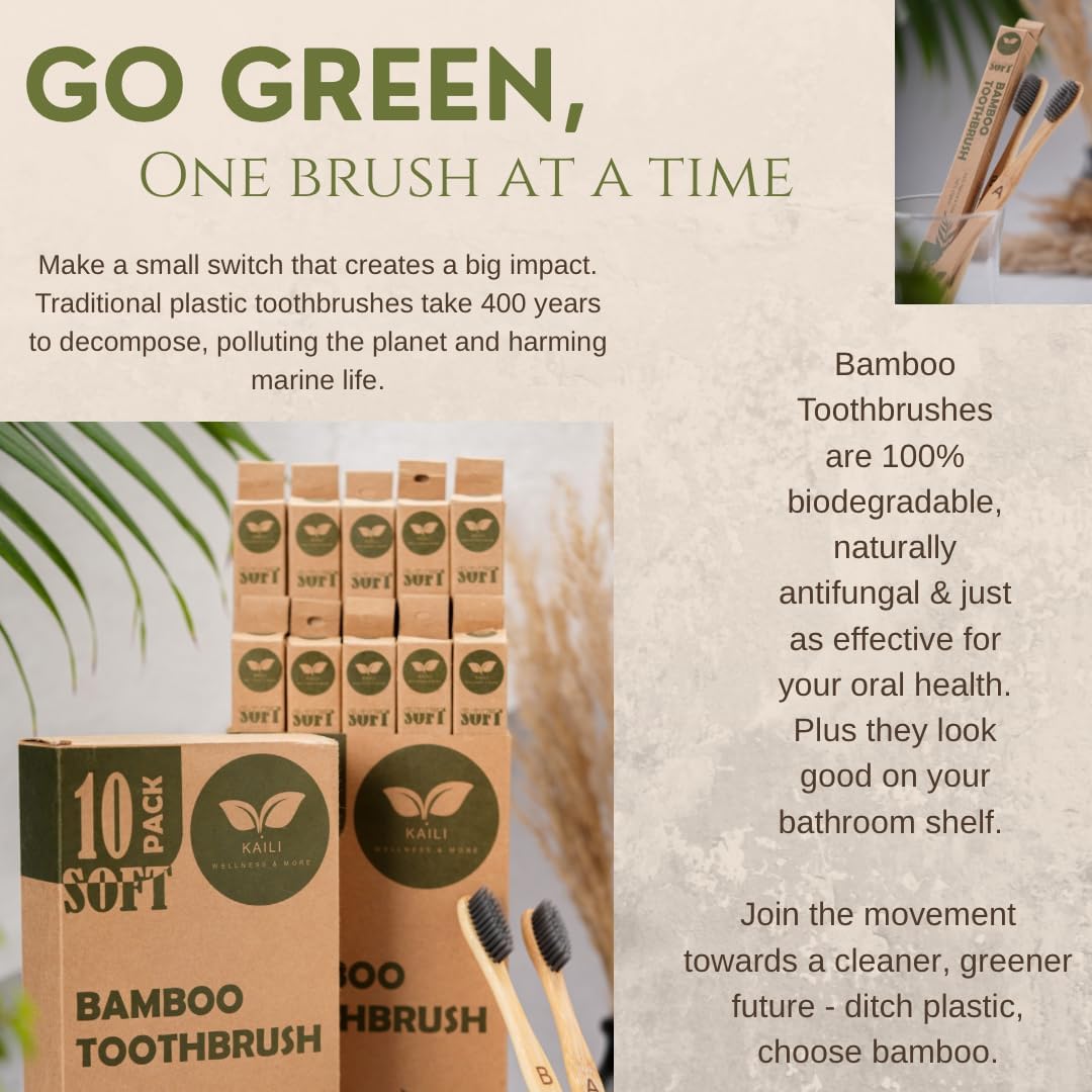 Bamboo Toothbrush 10 Pack, Soft Charcoal-Infused Bristles, Biodegradable, BPA-Free, Eco-Friendly, Sustainable, Natural, Organic and Pure Wooden Toothbrush by Kaili Wellness and More