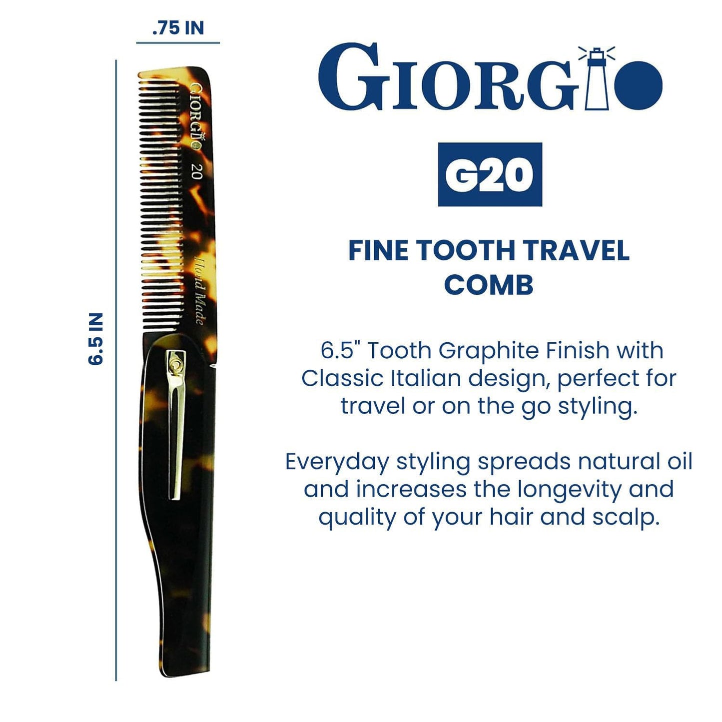 Giorgio G20 Folding Mustache and Beard Comb 6.5 Inch - Fine Tooth Travel Comb for Everyday Styling and Hair Care - Handcrafted Sawcut and Hand Polished