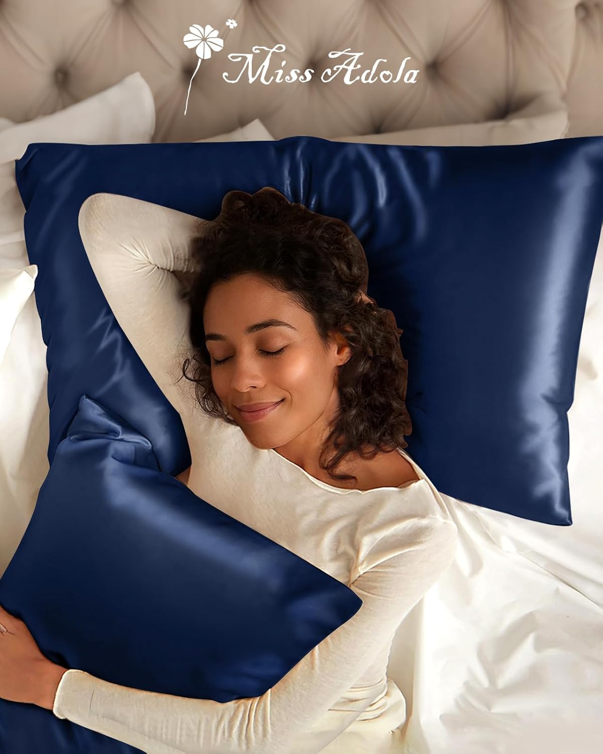 Silk Pillowcase 2 Pack - Pillow Cases Queen Set of 2 Size 20" x 30" for Hair and Skin Smooth Soft Breathable with Hidden Zipper Cooling Pillow Covers for Women, Navy Blue