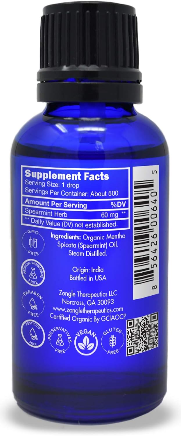 Organic, Spearmint Oil, Food, Grade, for Facial Hair, PCOS, Hair Removal – 100% Pure, Therapeutic, Spearmint Essential Oil, by Zongle Therapeutics, 1 OZ
