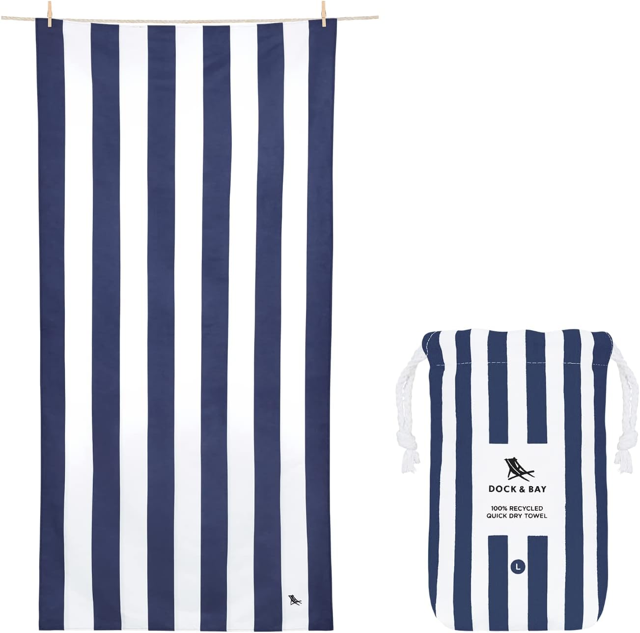 Dock & Bay Beach Towel - Quick Dry, Sand Free - Compact, Lightweight - 100% Recycled - Includes Bag - Cabana - Whitsunday Blue - Large (160x90cm, 63x35)