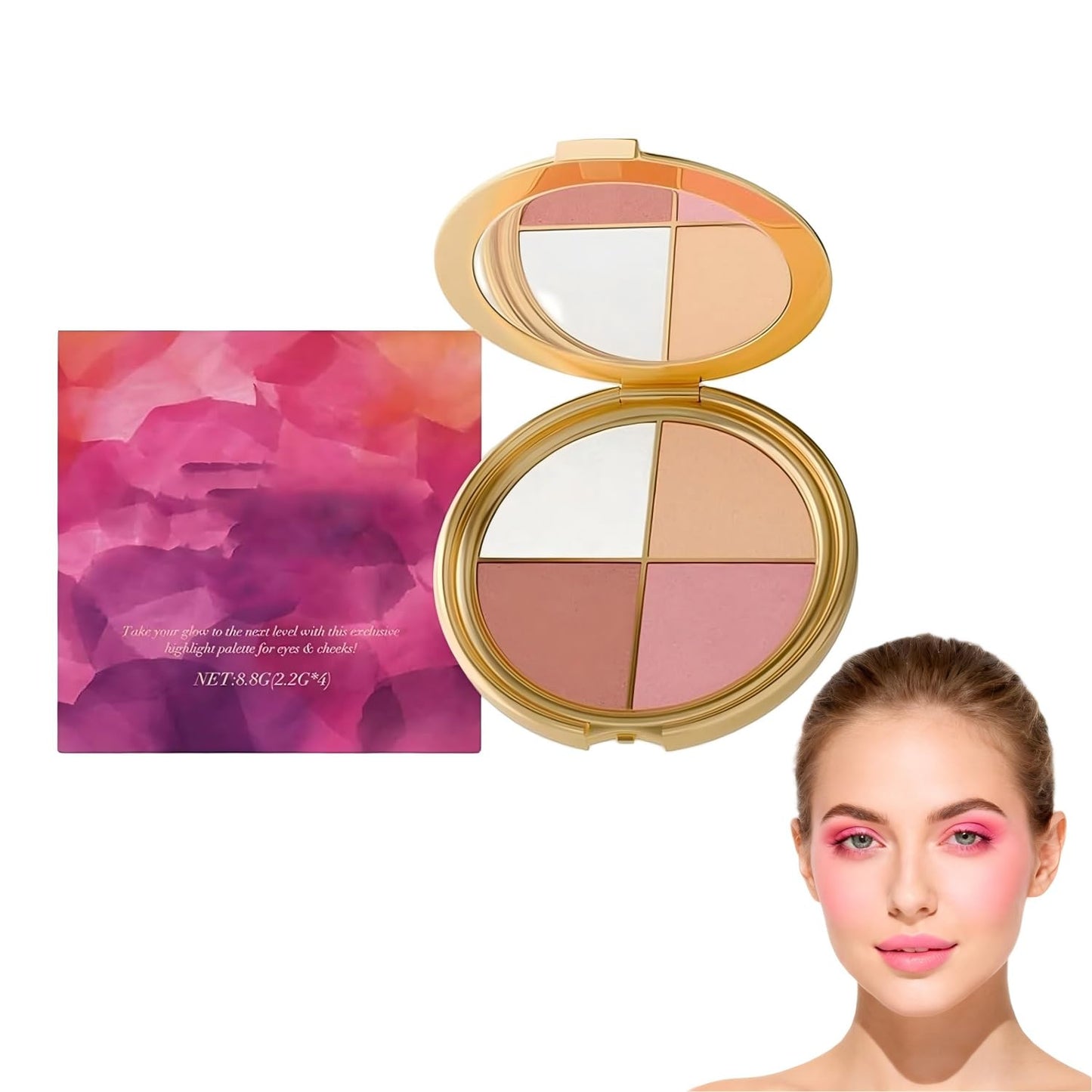 Eye & Cheek Palette - Makeup Kit with Eyeshadow, Highlighter, Blush & Contour Powder, Includes Detachable Brush for a Natural Shimmer Glow, Face Contouring Palette for Women (1 PCS)