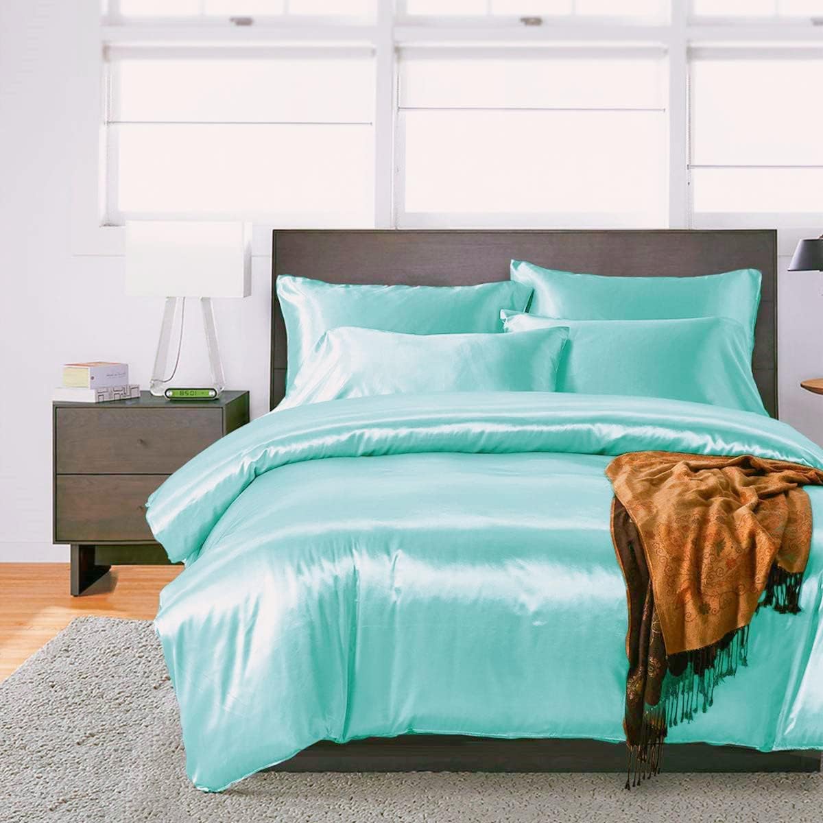 Juwenin Bedding,Super Soft and Luxury Silky Satin Pillowcase with Zipper (Silky Satin Pillow Case for Hair) Set of 2 (Aqua, Standard(20''x26''))