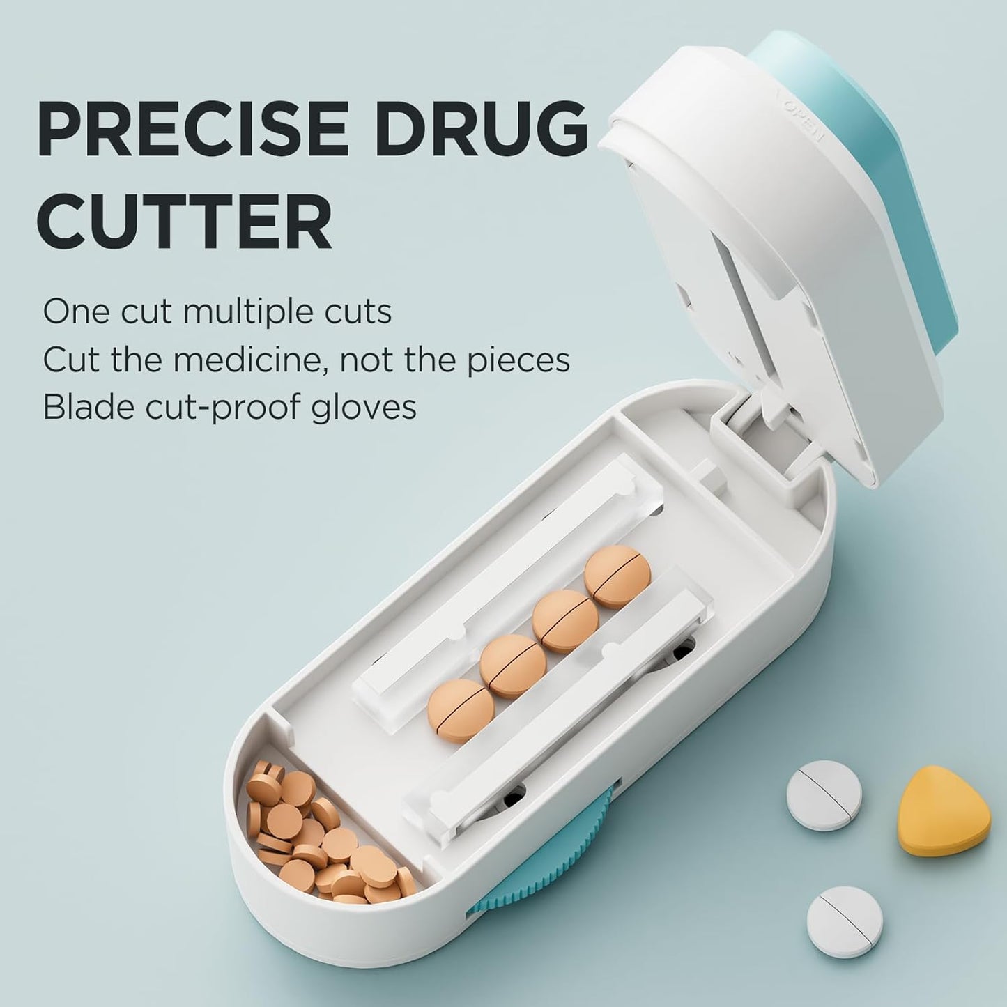 Pill Cutter Splitter for Small & Tiny Pills, Adjustable, Sharp Blade with Safety Guard (Blue)