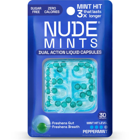 NUDE MINTS | Dual Action Liquid Capsules | Mouth Watering Mint - Lasts 3X Longer - 3X Stronger - Extreme Bad Breath Treatment For Adults - Sugar Free, 0 Calorie - Peppermint - 5 Pack - 150 Capsules