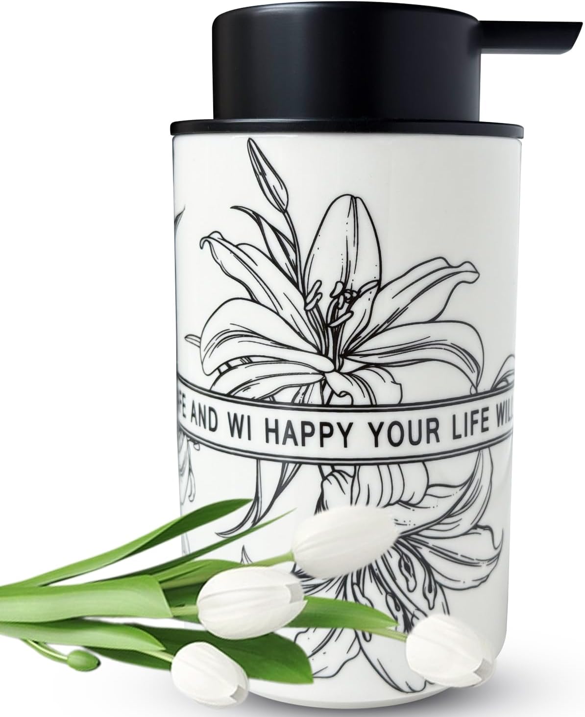 Ceramic White Foam Soap Dispenser for Bathroom & Kitchen,Lily Pattern Hand Sanitizer Bottle,Chic Home Deco (Foam)