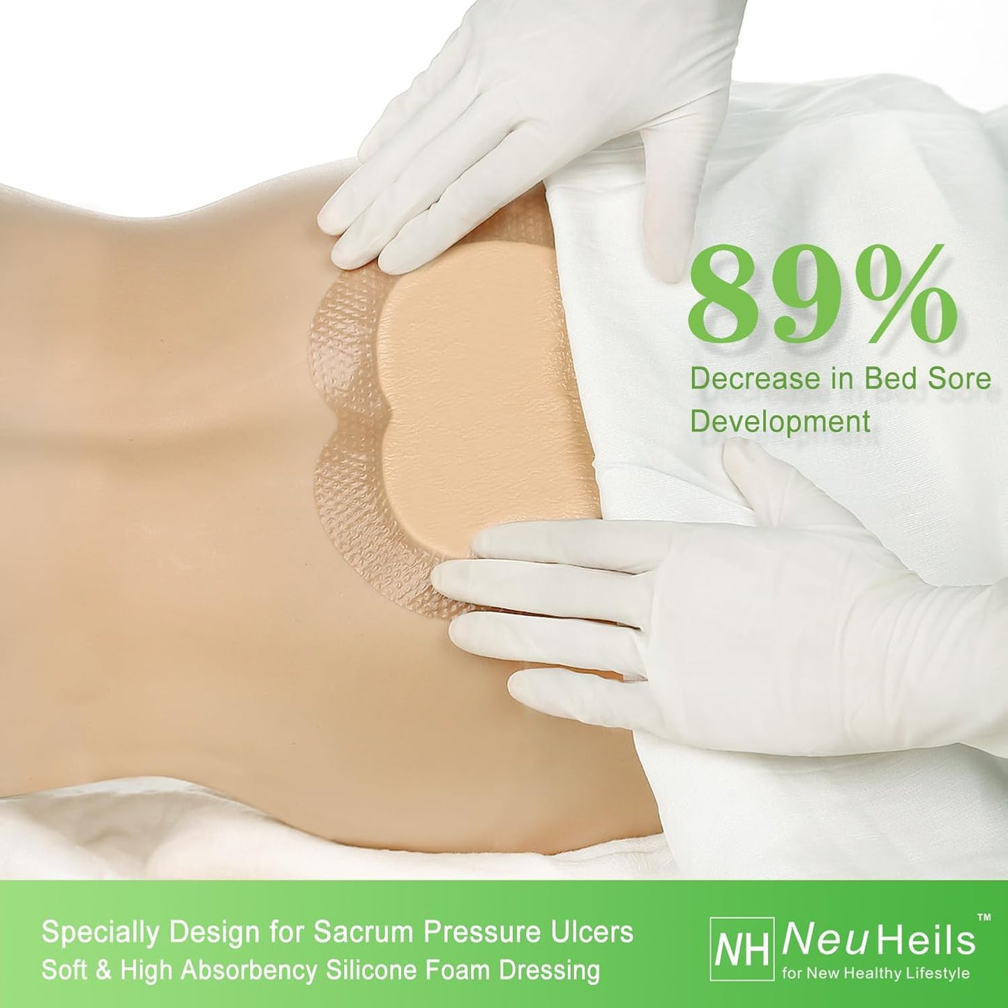 Sacrum Silicone Foam Dressing with Gentle Border for Sacral Ulcer, Pressure Ulcer, Butt Bed Sore, Size 7''x7'' (4.9''x5.3'' Pad), 5 Pack, High Absorbency Silicone Adhesive Wound Bandage by NeuHeils