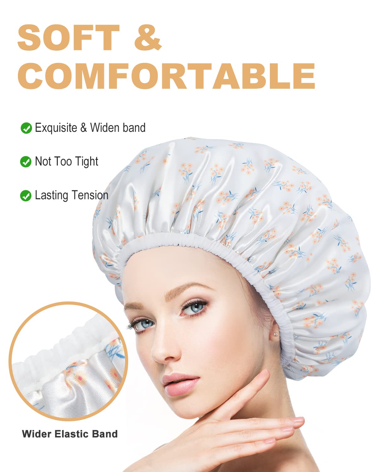 Shower Caps, Triple Layer Large Shower Cap for Women, Reusable Shower Caps for Long Thick Hair (Yellow floral)