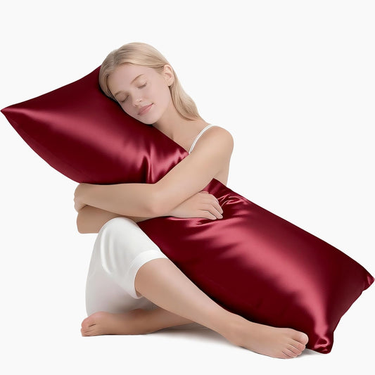 MR&HM Satin Body Pillow Cover, Soft and Breathable Body Pillow Case with Envelope Closure, Cooling and Silky Long Pillowcase for Hair and Skin,Grey (20x54, Burgundy)