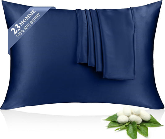 100% Silk Pillowcase 2 Pack for Hair and Skin, Both Sides 23 Momme Grade 6A+ Mulberry Silk Pillowcases with Hidden Zipper, Soft&Smooth Cooling Pillow Cases (Navy Blue, King 20×36)