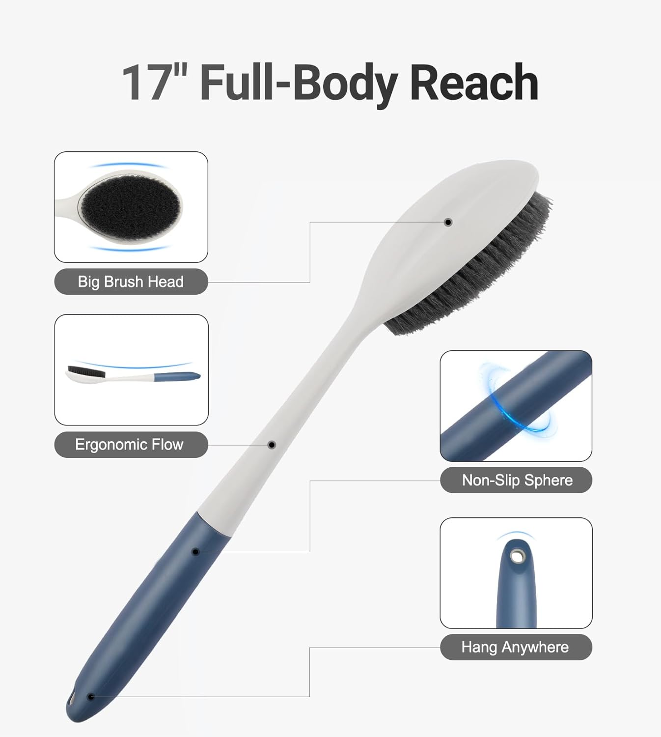 surlees Back Brush for Shower for Men & Women 17" | Body Brush for Wet & Dry Brushing | Exfoliating Body Scrubber & Back Scrubber | Shower Brush with Long Handle (Gray, Scrub Force 6-8)