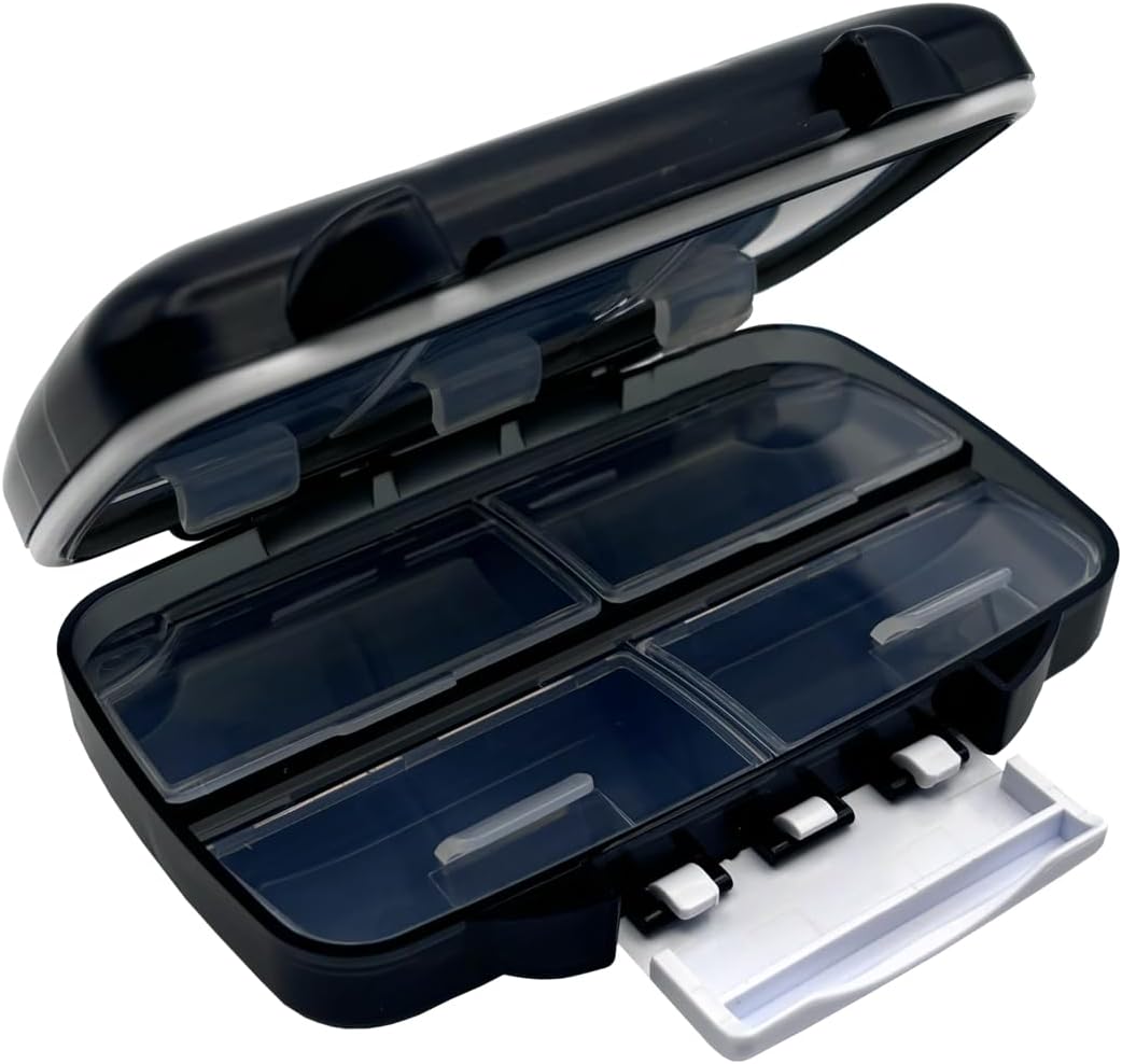 EZY DOSE Moisture-Proof Portable Pill Dispenser, Pocket Purse Organizer, Pharmacy Box, Travel Medication Holder, Latch-Closure to Secure Contents, Oversized Compartments, Airtight Seal, Medium, Black