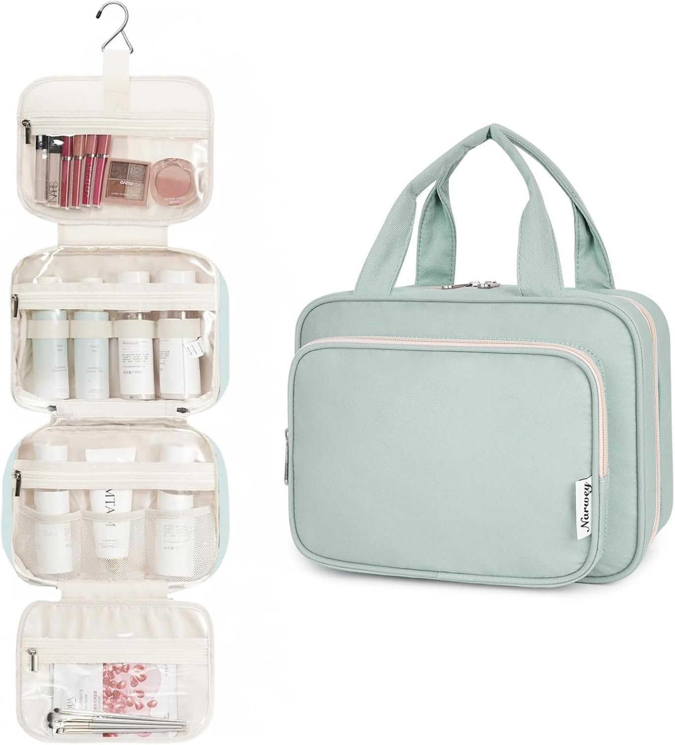 Narwey Hanging Toiletry Bag for Women Travel Makeup Bag Organizer Toiletries Bag for Travel Size Essentials Accessories Cosmetics (Mint Green (Medium))