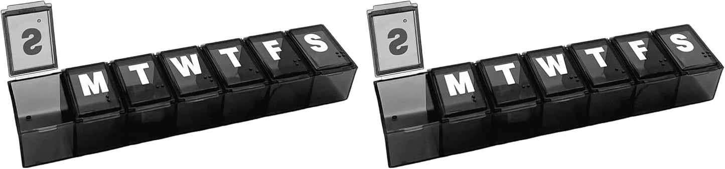 Amazon Basic Care Weekly (7-Day) Pill Organizer, Vitamin Planner, and Medicine Box, Medium Compartments, Black (Pack of 2)