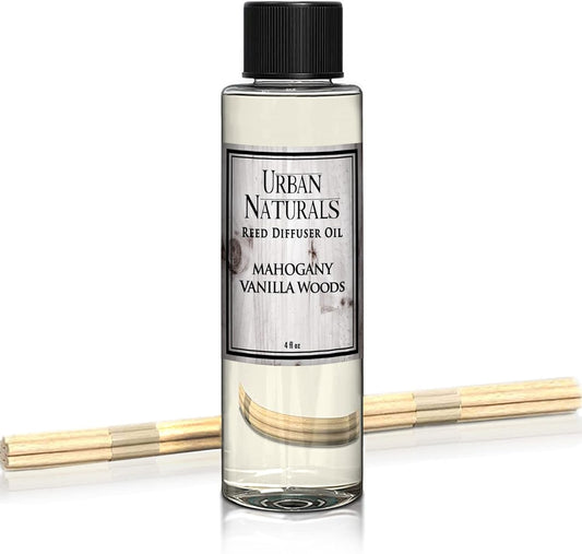 Urban Naturals Mahogany Vanilla Woods Scented Oil Reed Diffuser Refill with Free Set of Reed Sticks. Fresh Mahogany, Smoked Vanilla and Clean Lavender Scent Notes for a Clean Smelling Home, 4 oz