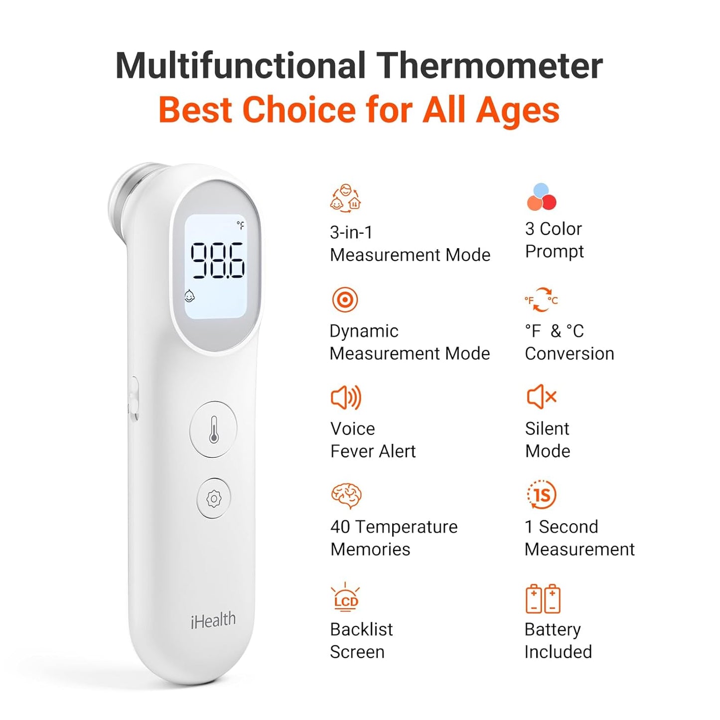 iHealth Infrared Digital Thermometer for Adults and Kids, Baby Thermometer with 3-in-1 Mode & 3-Color Prompt, Fever Alarm & Silent Mode, Forehead & Object Detection, 40 Memory Storages, PT9L, White