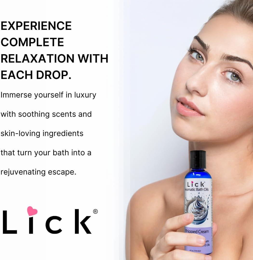 Lick Whipped Cream Aromatic Bath Oil - Natural Sweet Almond, Vitamin E & Jojoba Oils for Luxurious Experience for Women. Moisturizes Dry Skin, 12 Enchanting Aromas, Paraben Free, Made in USA 4 fl oz