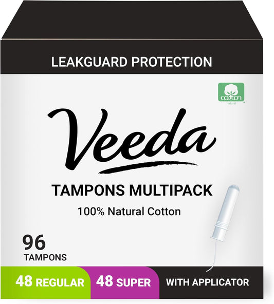 Veeda 100% Natural Cotton Compact Regular and Super Tampons - Compact BPA-Free Applicator - Unscented, Chlorine & Toxin Free - 48 Count Regular & 48 Count Super