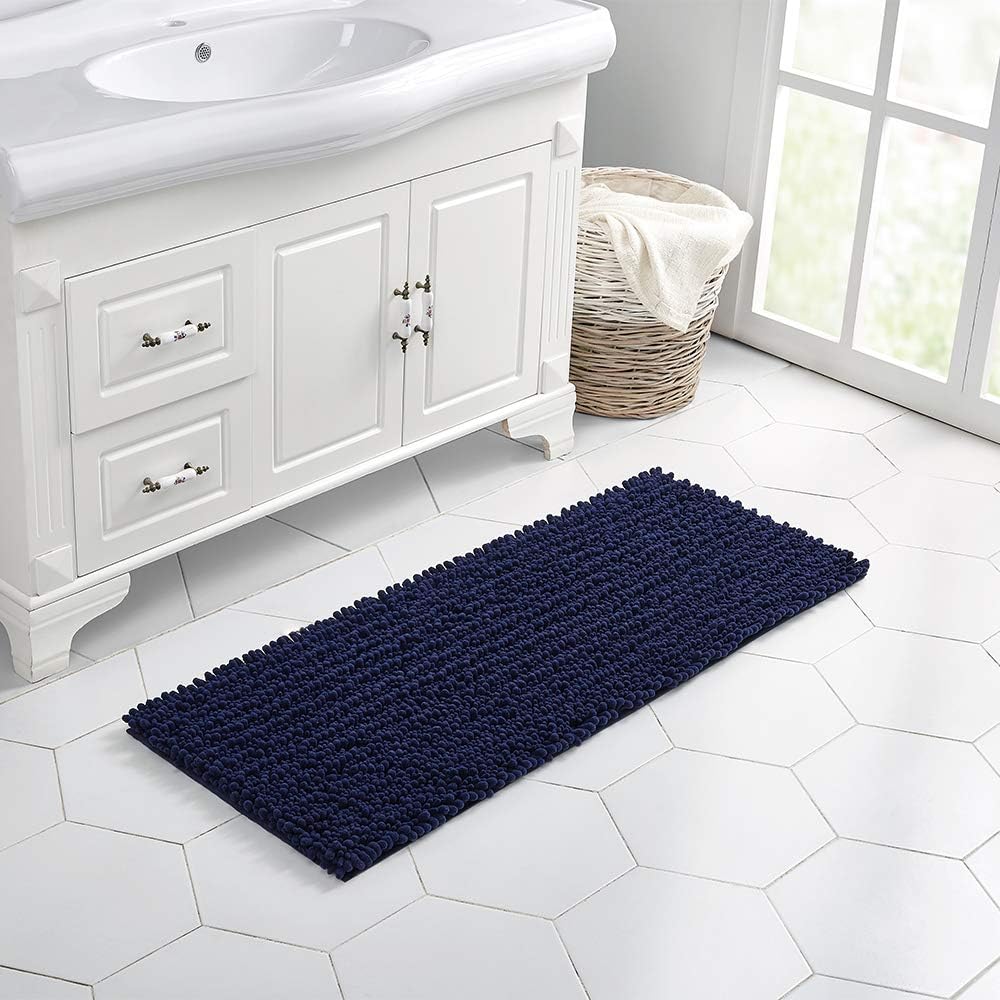 Walensee Large Bathroom Rug Non Slip Bath Mat (24x60 Inch Navy) Water Absorbent Super Soft Shaggy Chenille Machine Washable Dry Extra Thick Perfect Absorbant Best Plush Carpet for Shower Floor