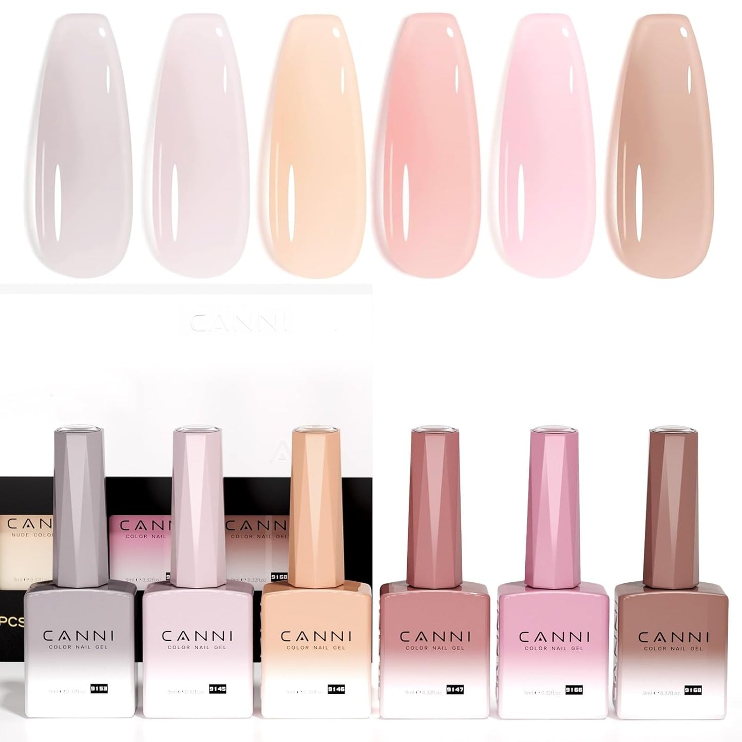 CANNI 6 Colors 9 Ml Jelly Nude Pink Gel Nail Polish Set- Neutral Transparent Pink Colors Sheer Gel Polish Kit, Soak Off LED Nail Gel Manicure Kit DIY at Home Salon Gifts